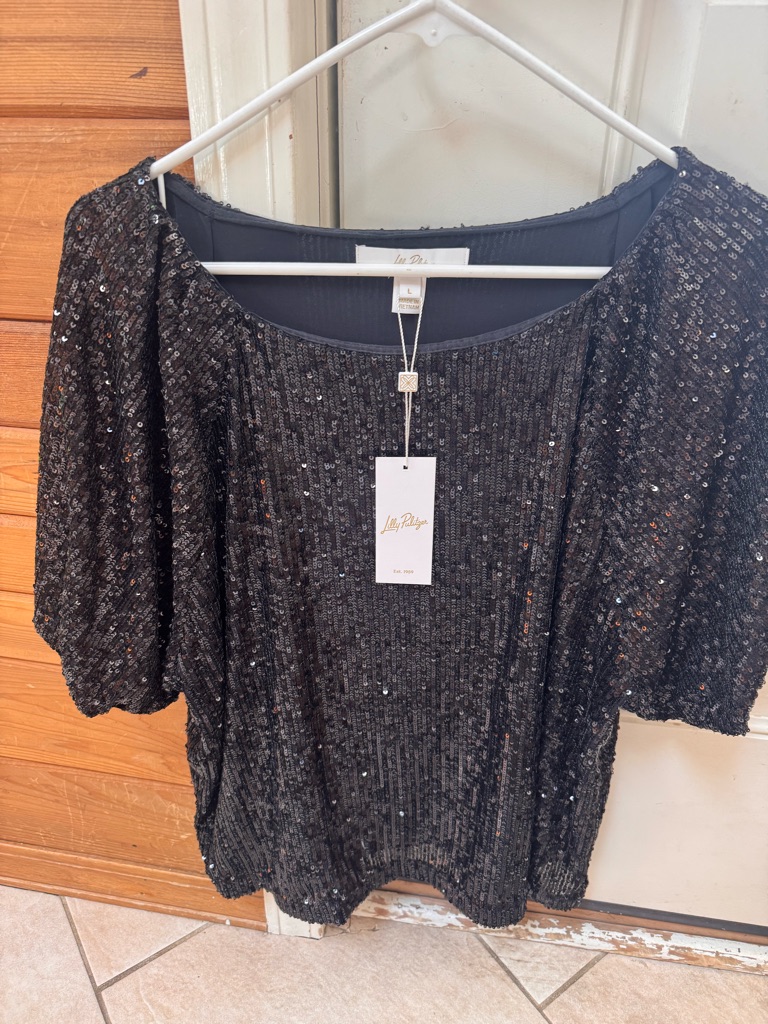 Lilly Pulitzer Black Sequin Scoop Neck Blouse Nwt